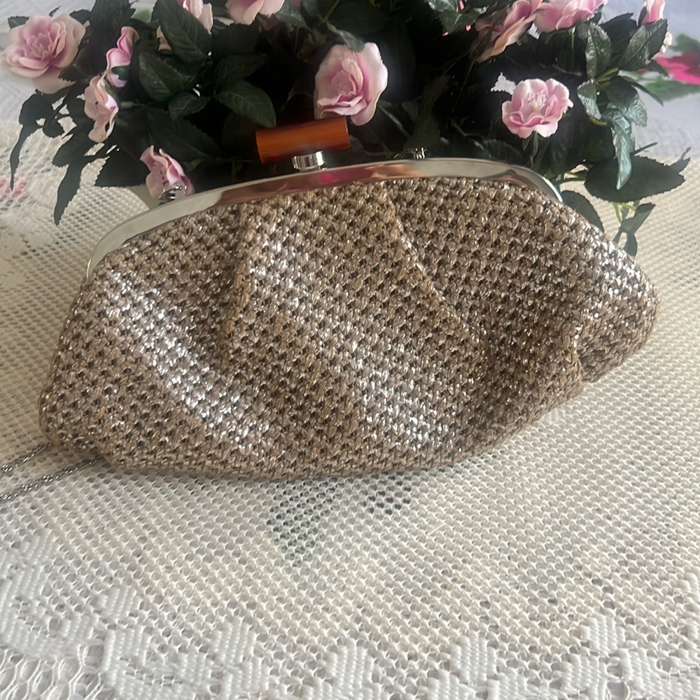 CHICO’S Elegant woven fabric clutch/purse chain strap